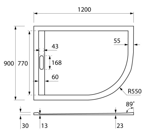 Душевой поддон 120x90 Cezares TRAY-AS-RH-120/90-550-30-W-R правый, асимметричный, литой мрамор