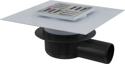 Сливной трап Alcaplast 105х105/50 мм, боковая подводка, решетка из нержавеющей стали, воротник – 2–х уровневая изоляция, гидрозатвор – сухой, для установки снаружи APV26C