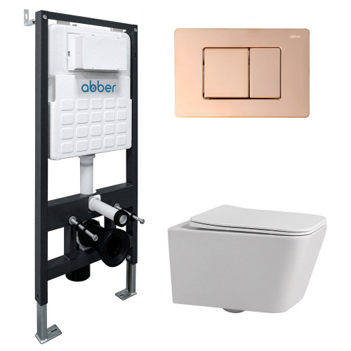 Комплект ABBER: подвесной унитаз Rechteck AC1201 белый, инсталляция AC0105, клавиша AC0120RG золото розовое