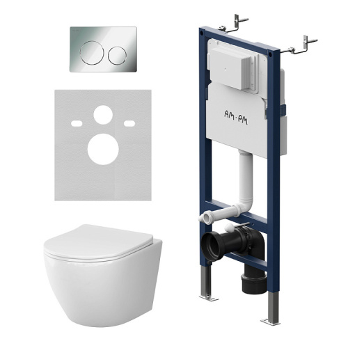 Унитаз с инсталляцией Am.Pm IS90151.801900 PrimeFit клавиша L хром + Like белый, торнадо, безободковый, сиденье микролифт