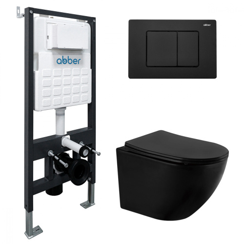 Комплект ABBER: унитаз Bequem AC1100 черный матовый, инсталляция AC0105, клавиша AC0120MB черный матовый