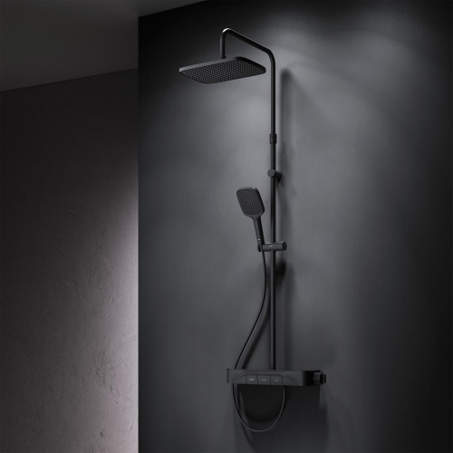 Душевая система Am.Pm Func F078F222 черный: смеситель полка с термостатом, стойка с верхним душем, ручной душ