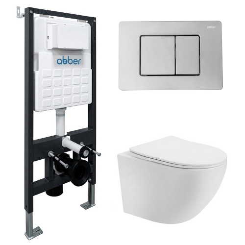 Комплект ABBER: подвесной унитаз Bequem AC1100T белый, инсталляция AC0105, клавиша AC0120 хром