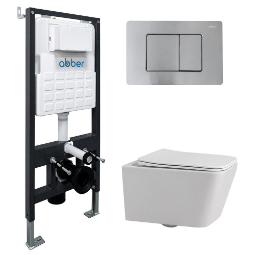 Комплект ABBER: подвесной унитаз Rechteck AC1201 белый, инсталляция AC0105, клавиша AC0120MCH матовый хром