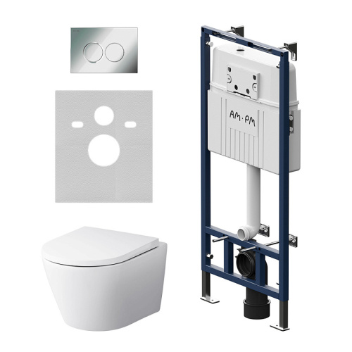 Унитаз с инсталляцией Am.Pm IS100151.741701 MasterFit клавиша L хром + Sense белый, безободковый, сиденье микролифт