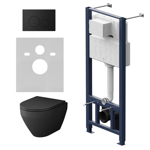 Унитаз с инсталляцией Am.Pm IS49038.701700MB клавиша Pro L черный матовый + Spirit V2.0 черный матовый, безободковый, сиденье микролифт