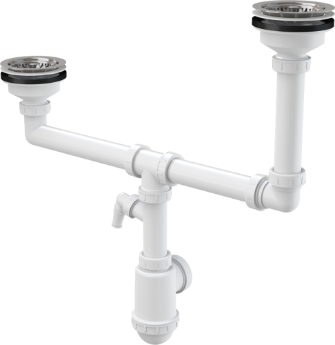 Сифон Alcaplast для сдвоенной мойки с нержавеющими решетками Ø115 и подводкой A454P