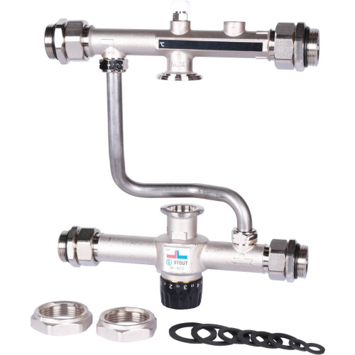 Насосно-смесительный узел Stout с 3-х ходовым термостатическим клапаном и байпасом, без насоса