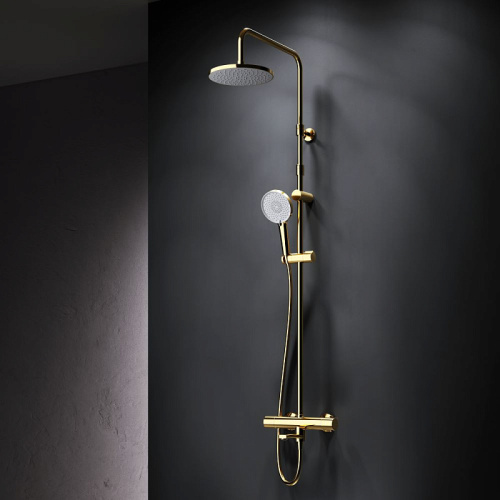 Душевая система Am.Pm X-Joy F0785A599 золото: смеситель с термостатом и изливом, стойка с верхним душем, ручной душ