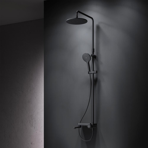 Душевая система Am.Pm Like F0780722 черный: смеситель полка с изливом, стойка с верхним душем, ручной душ
