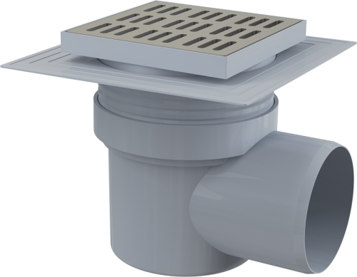 Сливной трап Alcaplast 150х150/110 мм, боковая подводка, решетка из нержавеющей стали, воротник - 2-х уровневая изоляция, гидрозатвор мокрый APV12