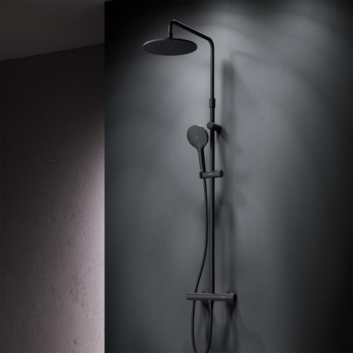 Душевая система Am.Pm Like F0780422 черный: смеситель с термостатом, стойка с верхним душем, ручной душ