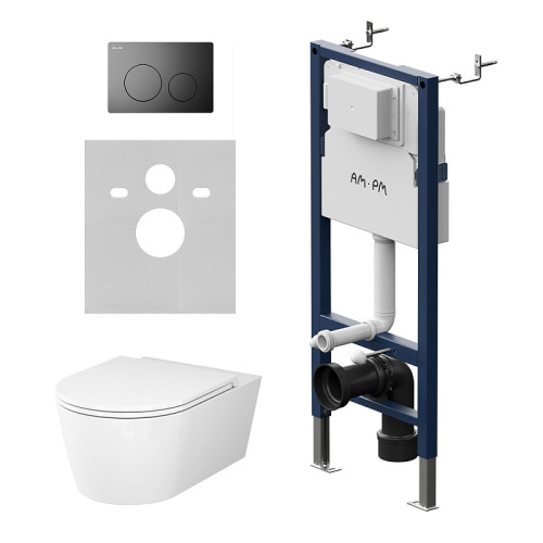 Унитаз с инсталляцией Am.Pm IS90138.8F1701 клавиша PrimeFit L черный матовый + Func 54 белый, безободковый, сиденье микролифт