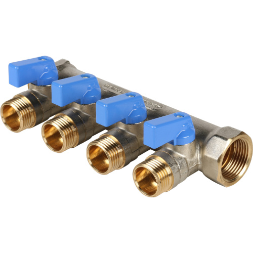 Коллектор 4 выхода STOUT 3/4"x1/2" с кранами, синии ручки SMB 6211 341204