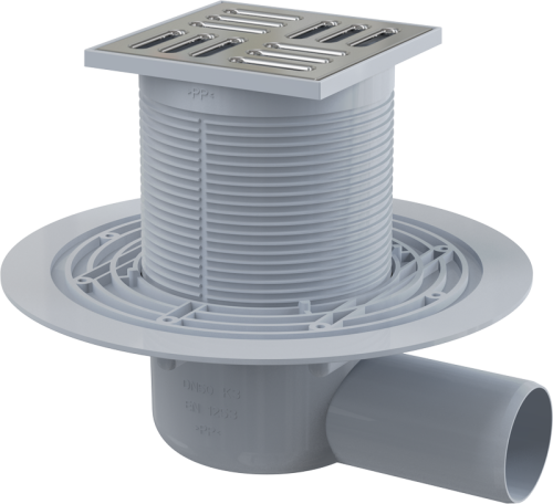 Сливной трап Alcaplast 105х105/50 мм, боковая подводка, решетка из нержавеющей стали, комбинированный гидрозатвор SMART APV1321
