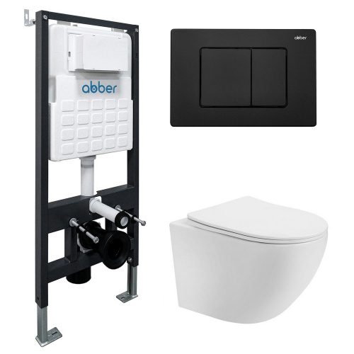 Комплект ABBER: подвесной унитаз Bequem AC1100T белый, инсталляция AC0105, клавиша AC0120MB черный матовый