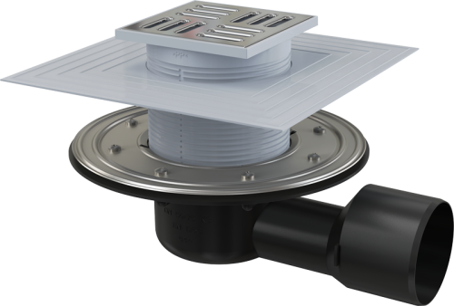 Сливной трап Alcaplast 105х105/50/75 мм, боковая подводка, решетка и фланец из нержавеющей стали, воротник – 2–х уровневая изоляция, гидрозатвор – сухой и мокрый APV3344