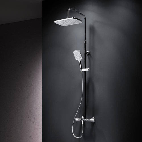 Душевая система Am.Pm Func F078F500 хром: смеситель с термостатом и изливом, стойка с верхним душем, ручной душ