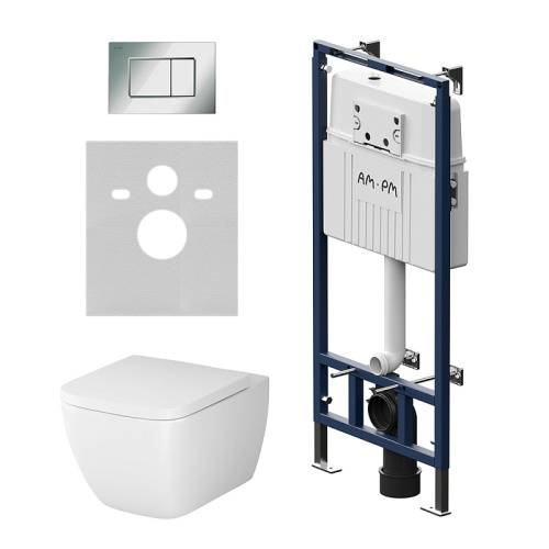 Унитаз с инсталляцией Am.Pm IS100251.901701 MasterFit клавиша S хром + Gem белый, безободковый, сиденье микролифт