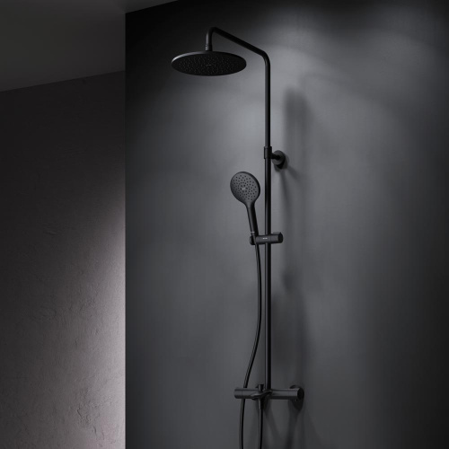 Душевая система Am.Pm Like F0780522 черный: смеситель с термостатом и изливом, стойка с верхним душем, ручной душ