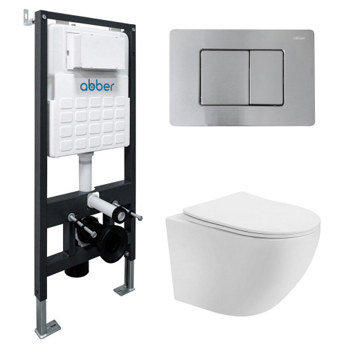 Комплект ABBER: подвесной унитаз Bequem AC1100T белый, инсталляция AC0105, клавиша AC0120MCH матовый хром