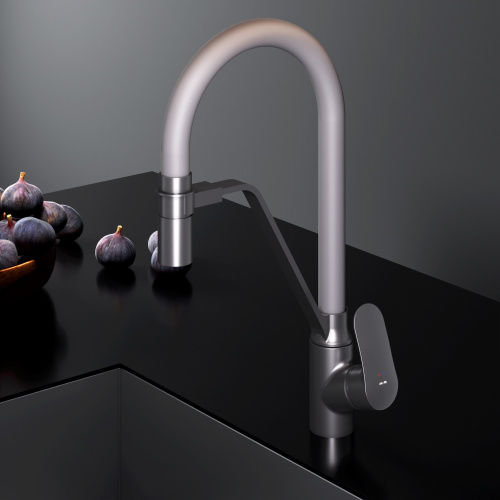 Смеситель для кухни AM.PM Like с каналом для питьевой воды и гибким изливом, черн., серый излив