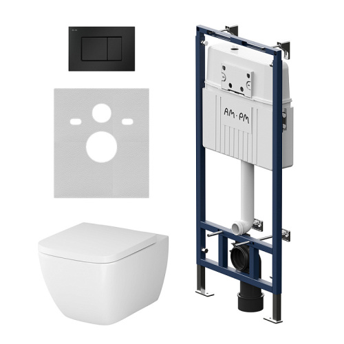 Унитаз с инсталляцией Am.Pm IS100251.901701 MasterFit клавиша S черный матовый + Gem белый, безободковый, сиденье микролифт