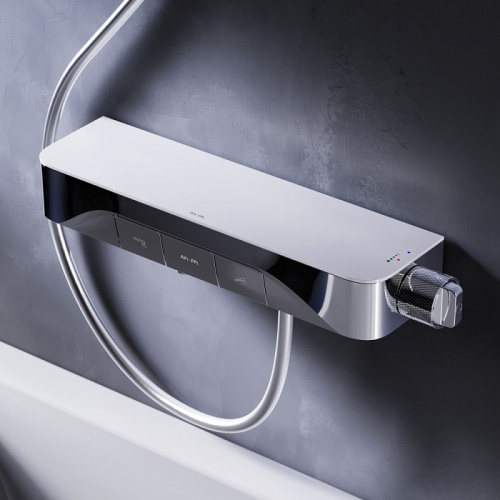 Смеситель для ванны AM.PM Func F8F10500 кнопочный с полкой, изливом, хром