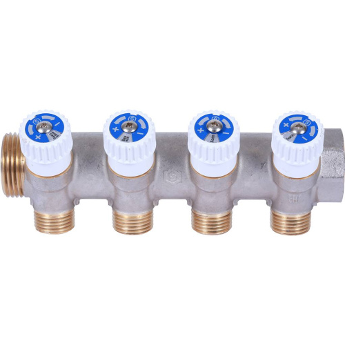 Коллектор 4 выхода STOUT 3/4"x1/2" плоское уплотнение с вентилями SMB 6852 341204