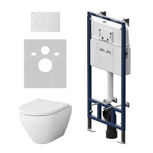 Унитаз с инсталляцией Am.Pm IS100101.701700 MasterFit клавиша L белый глянец + Spirit V2.0 белый, безободковый, сиденье микролифт