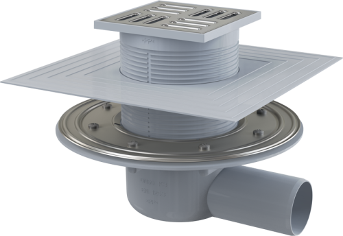 Сливной трап Alcapst 105х105/50 мм, боковая подводка, решетка и фланец из нержавеющей стали, воротник - 2-х уровневая изоляция, комбинированный гидрозатвор SMART APV1324