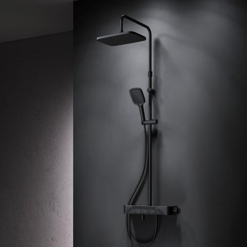 Душевая система Am.Pm Func F078F722 черный: смеситель полка с изливом, стойка с верхним душем, ручной душ