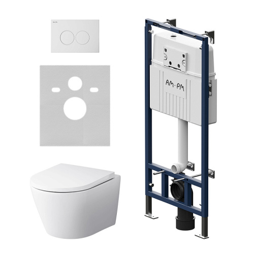 Унитаз с инсталляцией Am.Pm IS100101.741701 MasterFit клавиша L белый глянец + Sense белый, безободковый, сиденье микролифт