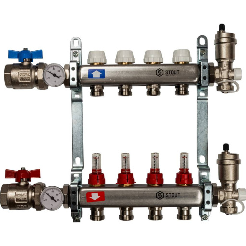 Коллектор отопления STOUT 1"нержа., 4x3/4" в сборе с расходомерами SMS 0907 000004