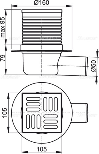 Сливной трап Alcaplast 105х105/50 мм, боковая подводка, решетка из нержавеющей стали, гидрозатвор мокрый APV1