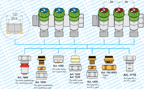 Коллектор 2 выхода Tiemme 1"x1/2"евроконус с вентилями, никелированы 1840007