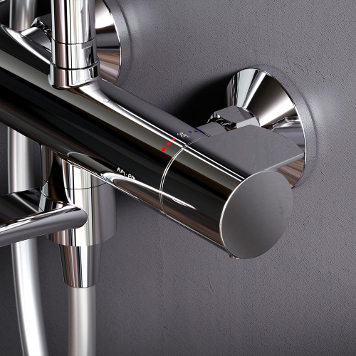 Душевая система Am.Pm X-Joy F0785A500 хром: смеситель с термостатом и изливом, стойка с верхним душем, ручной душ
