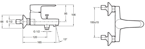 Смеситель для ванны Jacob Delafon July E16033-4-CP хром, настенный, картридж с регулируемым ограничителем температуры