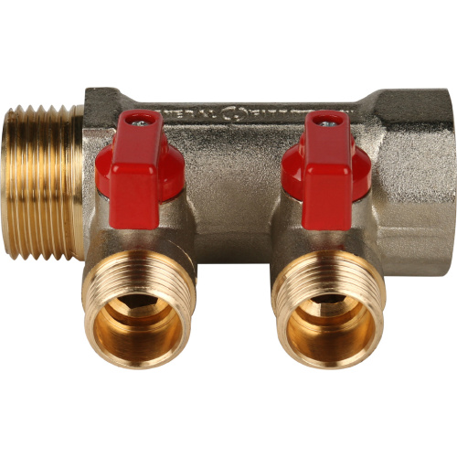 Коллектор 2 выхода STOUT 1"x1/2" с кранами, красные ручки SMB 6200 011202