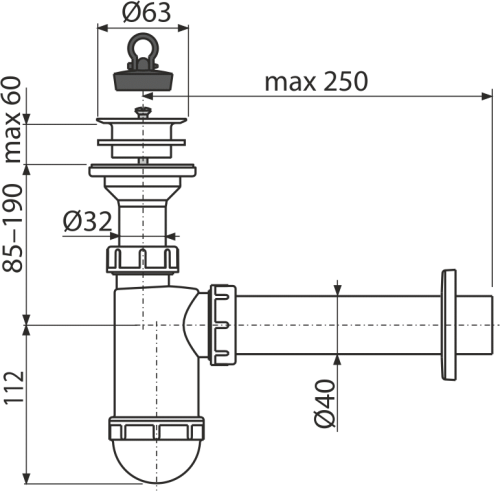 Сифон Alcaplast Ø40 для раковины, с пластмассовой peшeткой Ø63 A42