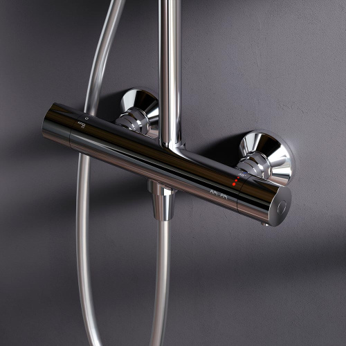 Душевая система Am.Pm Like F0780464 хром: смеситель с термостатом, стойка с верхним душем, ручной душ