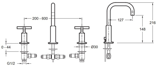 Смеситель для раковины Jacob Delafon Purist E144063-CP хром, на 3 отверстия, донный клапан