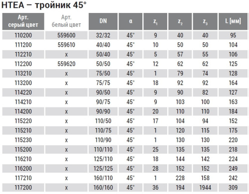 Тройник 40x45° косой, PP HTEA Ostendorf внутренняя канализация