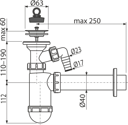 Сифон Alcaplast d 40 мм, для раковины, с подводкой, с нержавеющей решеткой d 63 мм A41P
