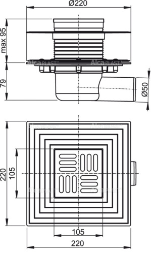 Сливной трап Alcapst 105х105/50 мм, боковая подводка, решетка и фланец из нержавеющей стали, воротник - 2-х уровневая изоляция, комбинированный гидрозатвор SMART APV1324