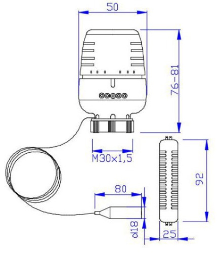 Термоголовка Valtec с выносным настенным датчиком, диапазон регулировки 6,5 - 28°C, жидкостная VT.5010.0.0
