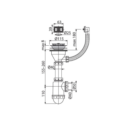 Сифон Alcaplast для мойки с нержавеющей решеткой d 115 мм, с гофропереливом и штуцером A447P-DN50/40