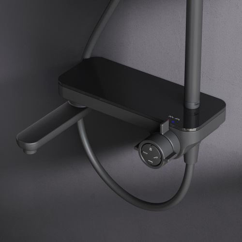 Душевая система Am.Pm Like F0780722 черный: смеситель полка с изливом, стойка с верхним душем, ручной душ