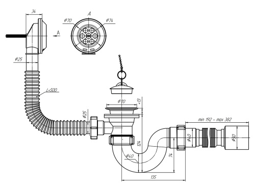Обвязка ванны прямоточный сифон с гофрой 50 мм ANI Е155