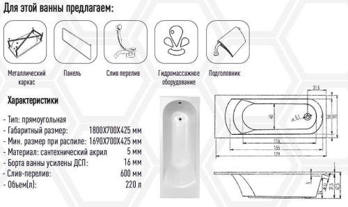 Акриловая ванна Eurolux MIAMIKA 180х70 E1018070022